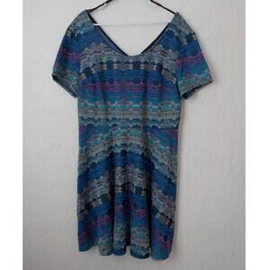 City Triangles Women 18 Blue Multicolor Dress Aztec Print Zip Up Short Sleeve